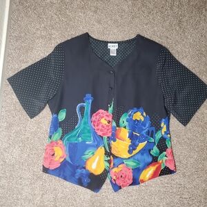 Koret Vintage Button Up Polka Dot Art Graphic Padded Shoulders Womans Blouse 14